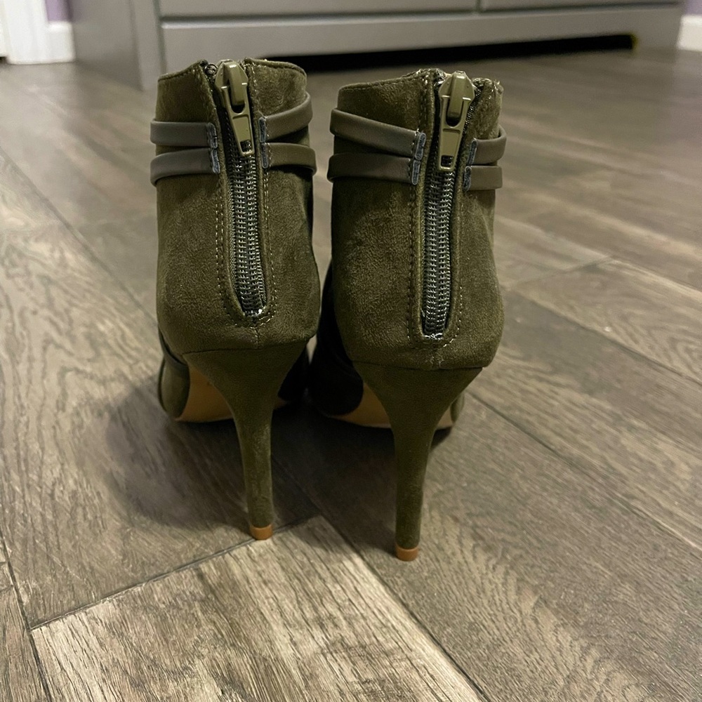 Olive Green Suede Lace-Up Heeled Booties | Open Toe Stiletto | Size 6 - Picture 9 of 10